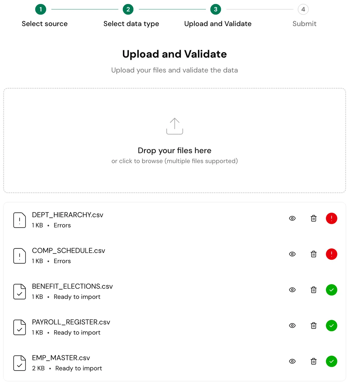 Upload view for importing customer data using a reusable template, with inline validation to prevent errors and reduce back-and-forth