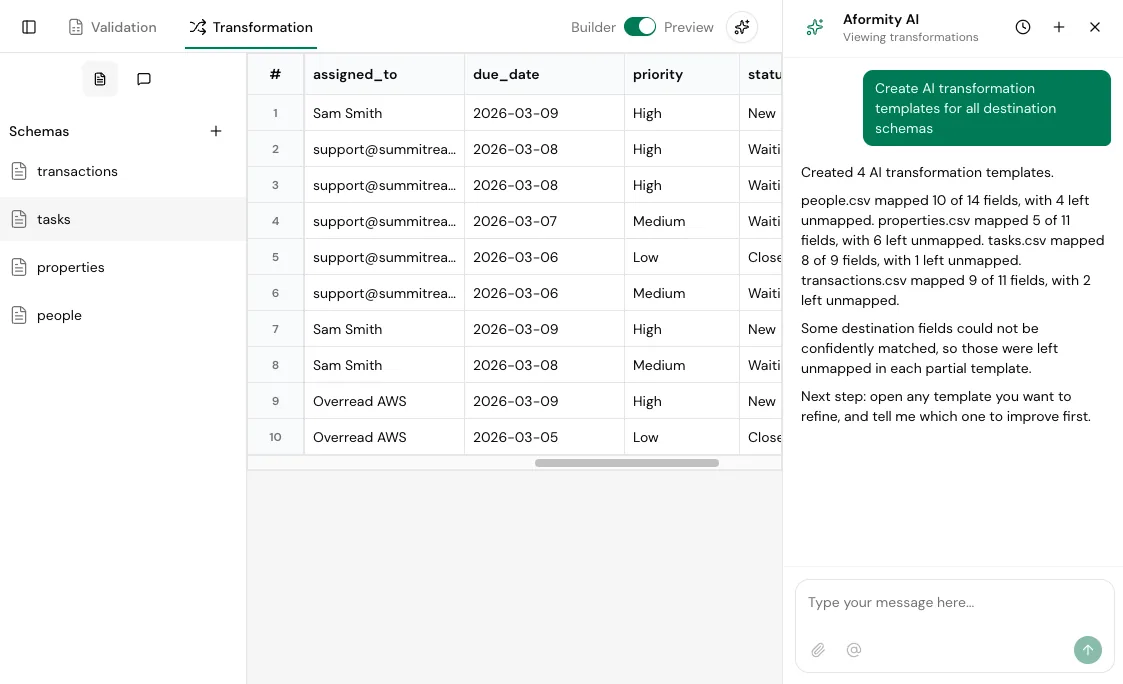 Aformity AI agent detecting industry context and automatically mapping incoming columns to target fields, with custom plugin generation for business-specific logic
