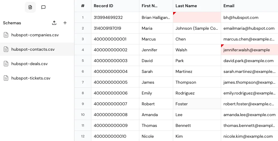 Spreadsheet view displaying validation errors with friendly inline messages to help users fix data issues before processing
